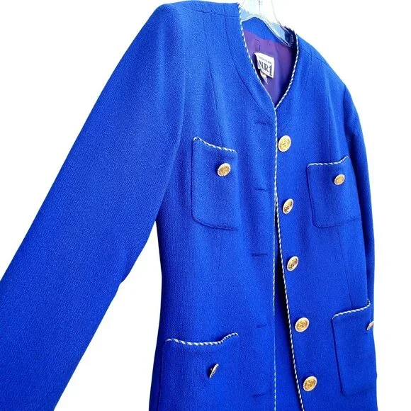 Vintage 80s Electric Blue Wool Power Skirt Suit L XL Rhinestone Buttons - Picture 7 of 13